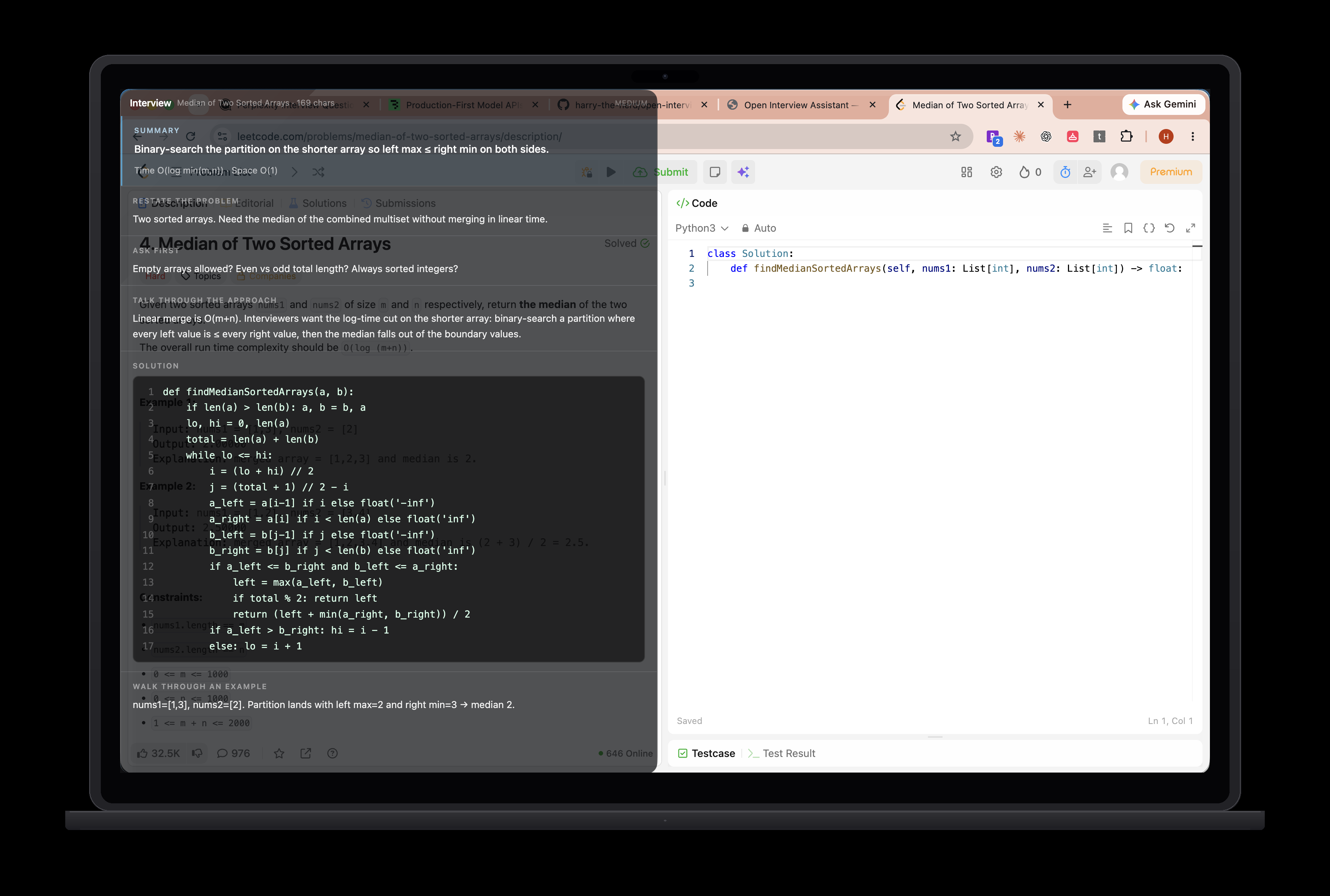 Open Interview Assistant on a MacBook laptop, overlay floating over a LeetCode problem with a structured interview answer
